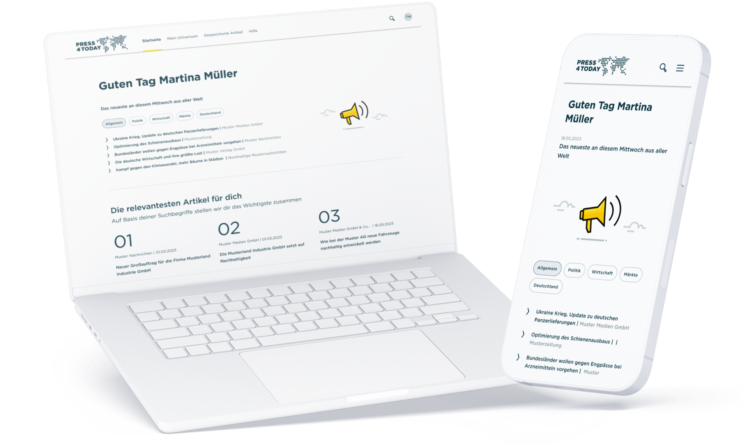 Ein Laptop und ein Smartphone zeigen die Webanwendung press4today